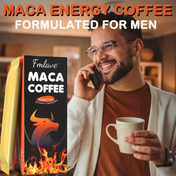 Men's Maca Energy Coffee, Cold Brew Arabica Coffee Bean Powder with Maca Root, Dandelion, Eastern Ginseng, Ginseng, Cordyceps sinensis, South African Golden Flower, Enhance Vitality, 3.5 oz, 5 Packages：圖片 5