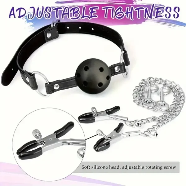 BDSM Restraint Set with Couples Ball Gag, Nipple Clamps, Labia Clamps and Anal Plug - Durable Leather Collar and Chain for Adult Play Valentine's Day Gift：圖片 3