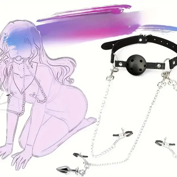 BDSM Restraint Set with Couples Ball Gag, Nipple Clamps, Labia Clamps and Anal Plug - Durable Leather Collar and Chain for Adult Play Valentine's Day Gift：圖片 4