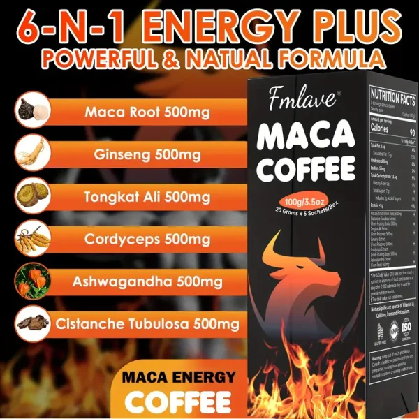Men's Maca Energy Coffee, Cold Brew Arabica Coffee Bean Powder with Maca Root, Dandelion, Eastern Ginseng, Ginseng, Cordyceps sinensis, South African Golden Flower, Enhance Vitality, 3.5 oz, 5 Packages：圖片 3