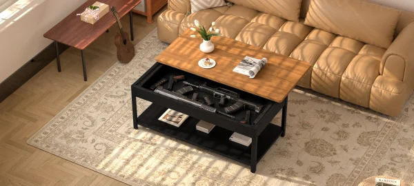 Heavy duty security coffee table with fingerprint lock and alarm function - double layer cabinet, hidden storage, stainless steel and hardwood structure - modern security center table for living room, home office, valuables, simple design, high quality workmanship, suitable for office professionals